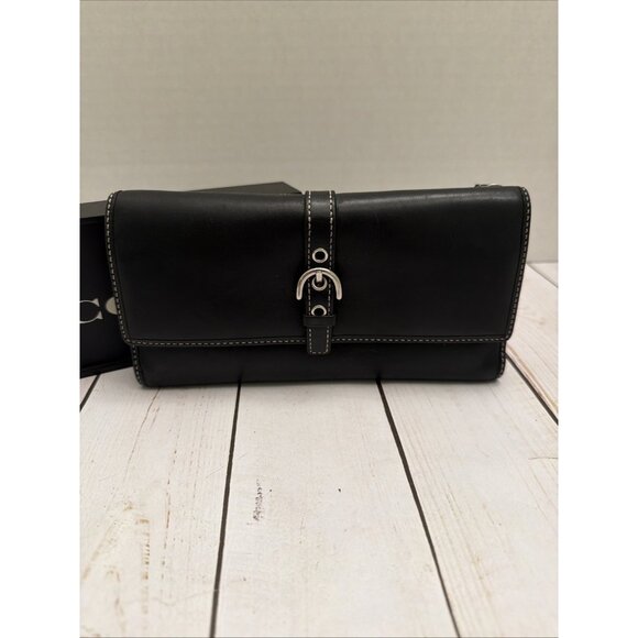 Vintage Y2K Coach Black Leather Large Silver Buckle Bifold Wallet 8x4” VGUC* - Picture 1 of 8